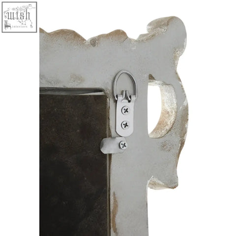 Antique silver juliet rectangular framed wall mirror with ornate scalloped edges and distressed finish