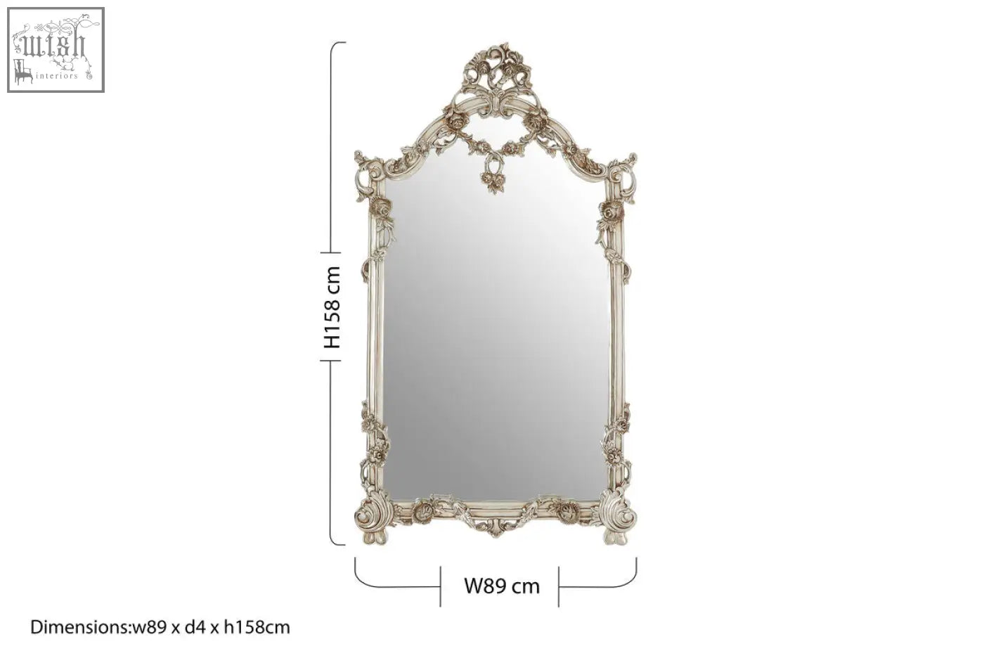 Antique-style juliet rectangular framed wall mirror with silver floral and scrollwork detailing in metal frame