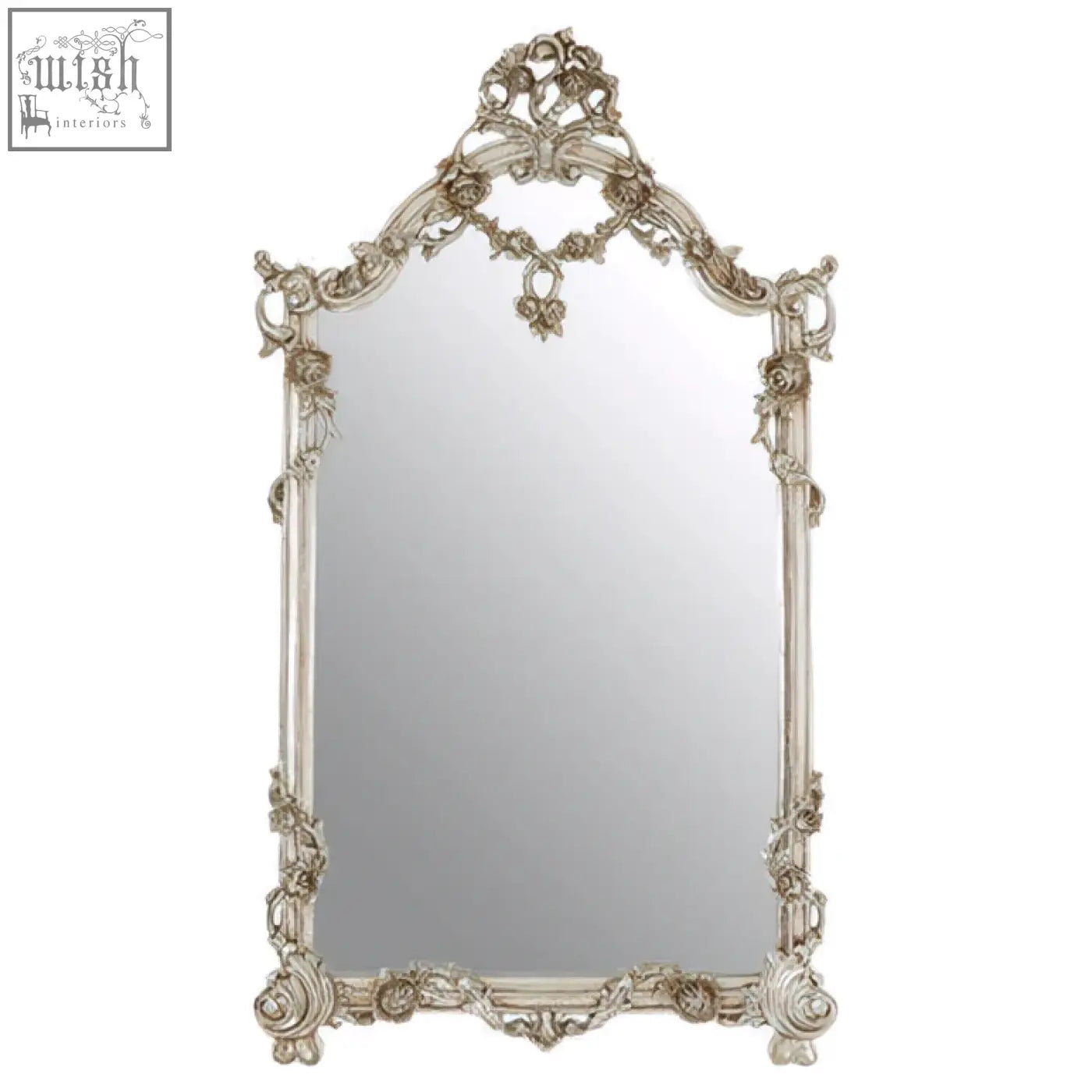 Juliet rectangular framed wall mirror with antique silver baroque carvings and decorative crest on top