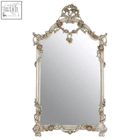 Juliet rectangular framed wall mirror with antique silver baroque carvings and decorative crest on top