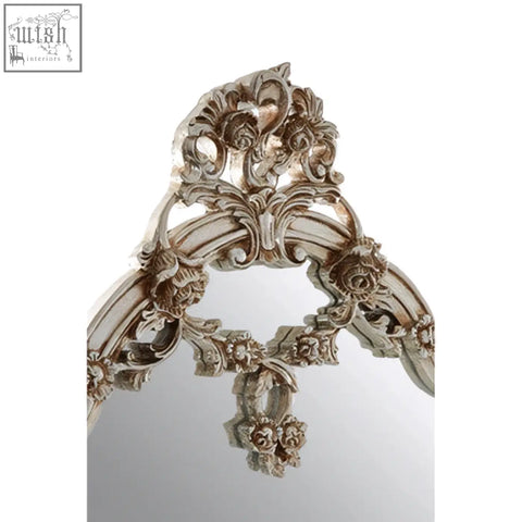 Silver ornate juliet rectangular framed wall mirror with intricate floral and scrollwork detailing for elegant decor