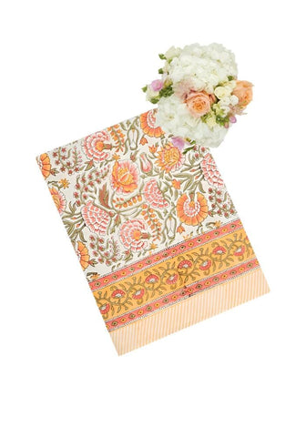 A delicate cream cream-colored handkerchief with vibrant pink orange and green floral pattern perfect for table linen