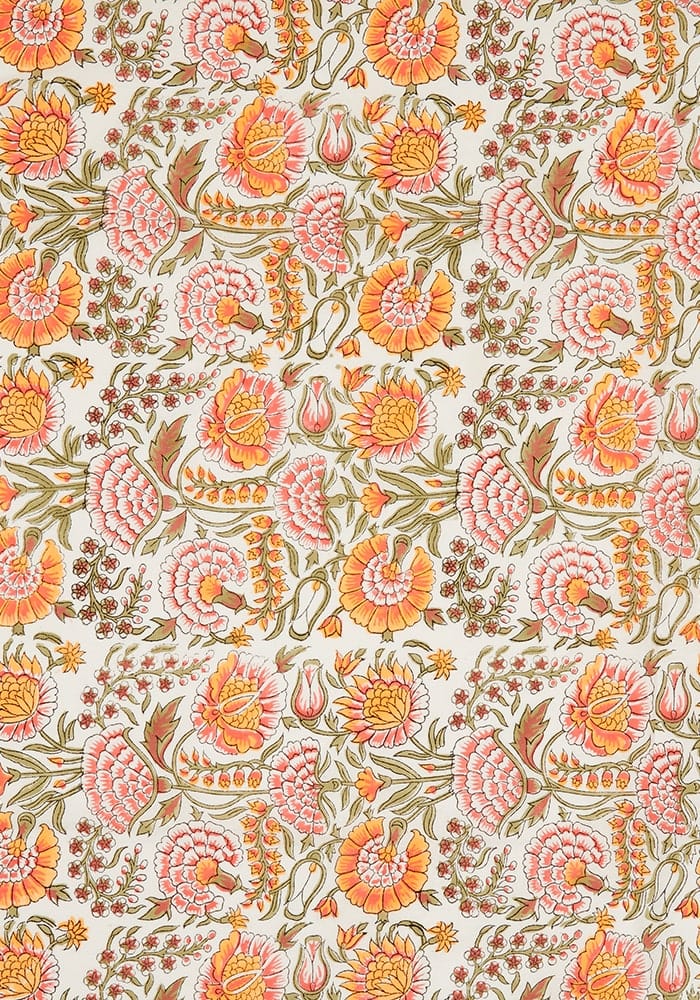 Juliettes floral tablecloth with vibrant orange and pink blossoms on cream background vibrant table linen