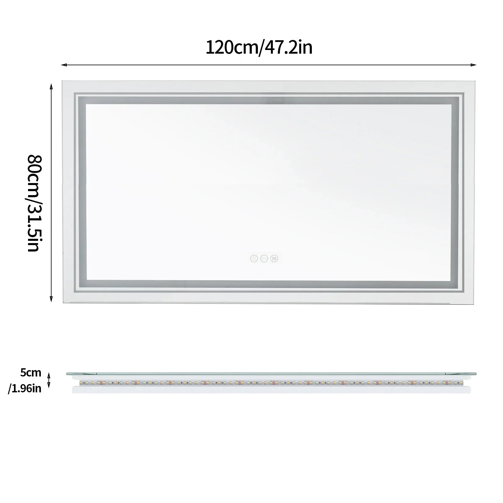 Rectangular white framed led bathroom mirror with slim silver trim and integrated front and backlit lights wall mounted