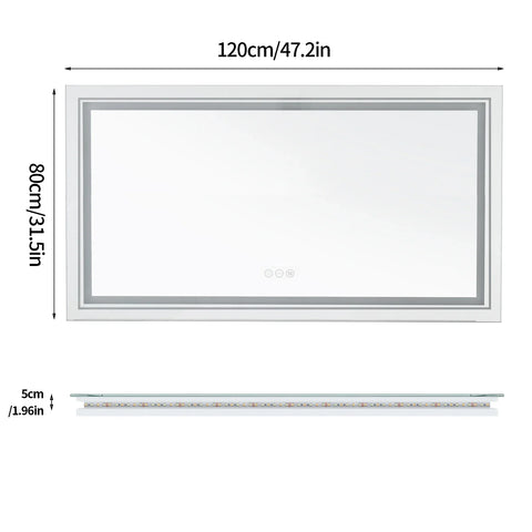 Rectangular white framed led bathroom mirror with slim silver trim and integrated front and backlit lights wall mounted