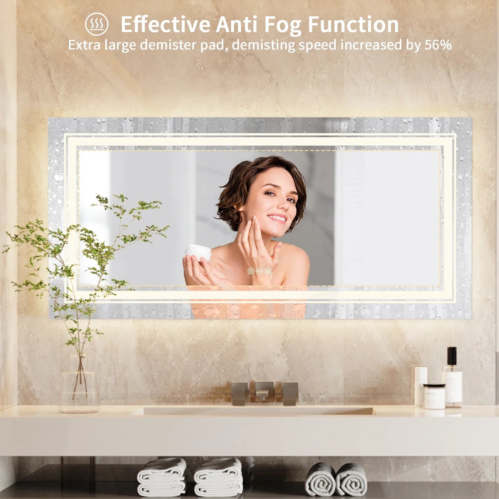 Jumbo-large rectangular led bathroom mirror with sleek silver frame, integrated front and backlit lights, and anti-fog feature