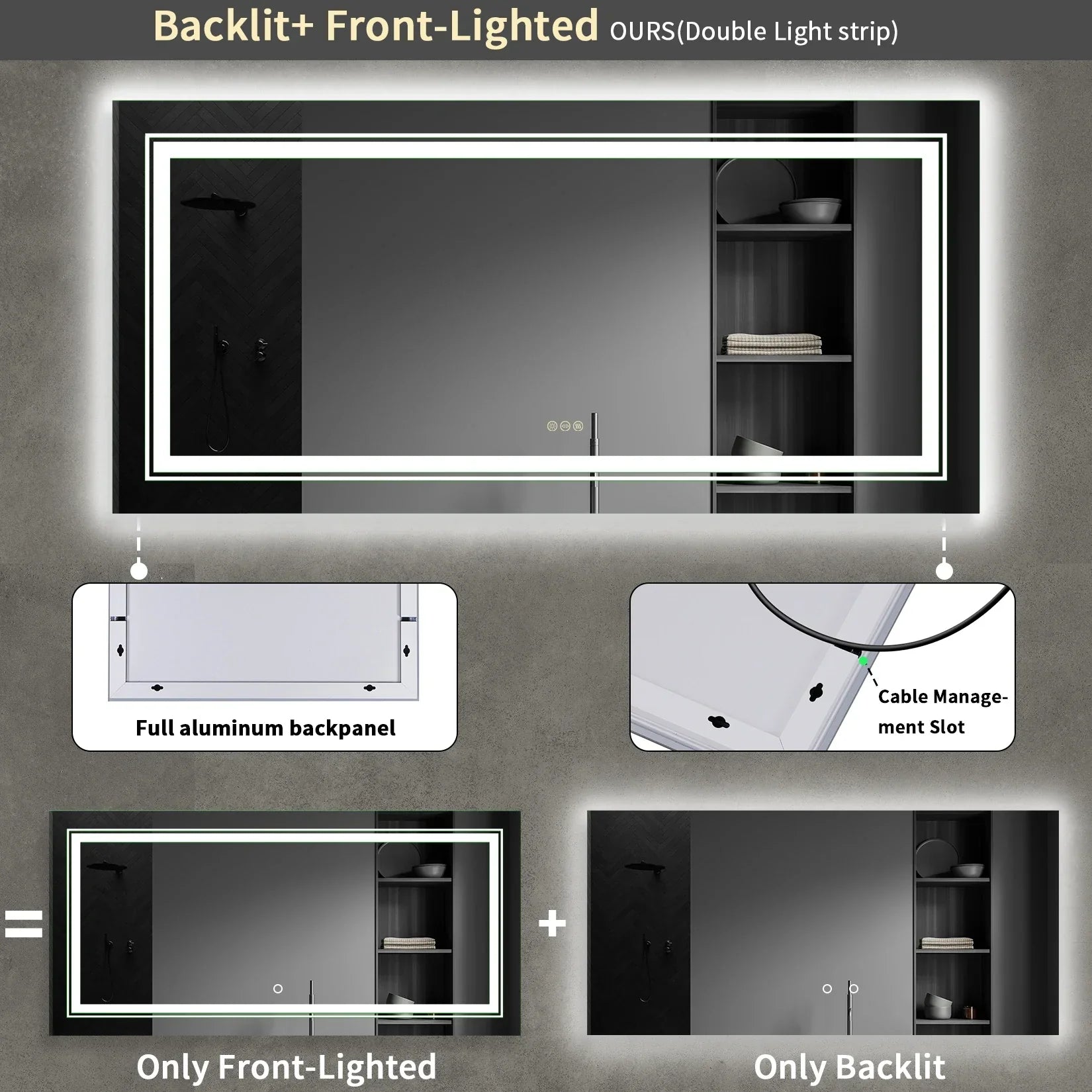 Jumbo-large led bathroom mirror with sleek black frame and double front and backlit led light strips for bright illumination