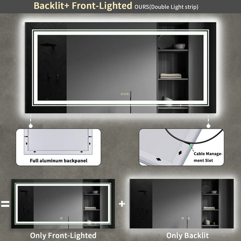 Jumbo-large led bathroom mirror with sleek black frame and double front and backlit led light strips for bright illumination