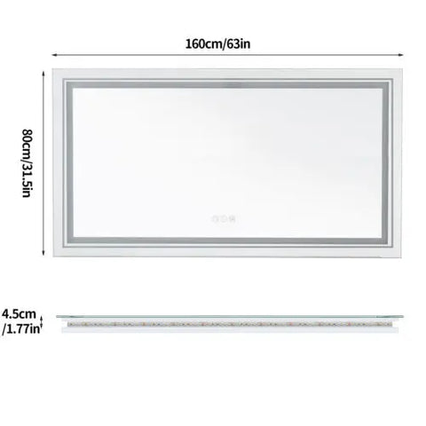 Rectangular jumbo-large led bathroom mirror with sleek silver frame and integrated led lighting on top edge