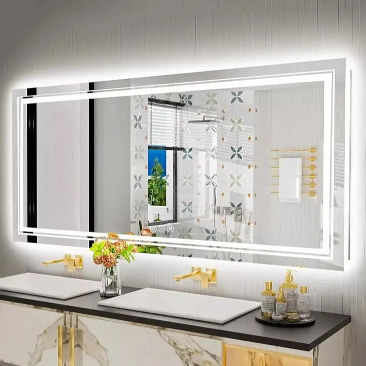 Rectangular jumbo-large led bathroom mirror with front and backlit lights gold-toned accents and touch anti-fog design