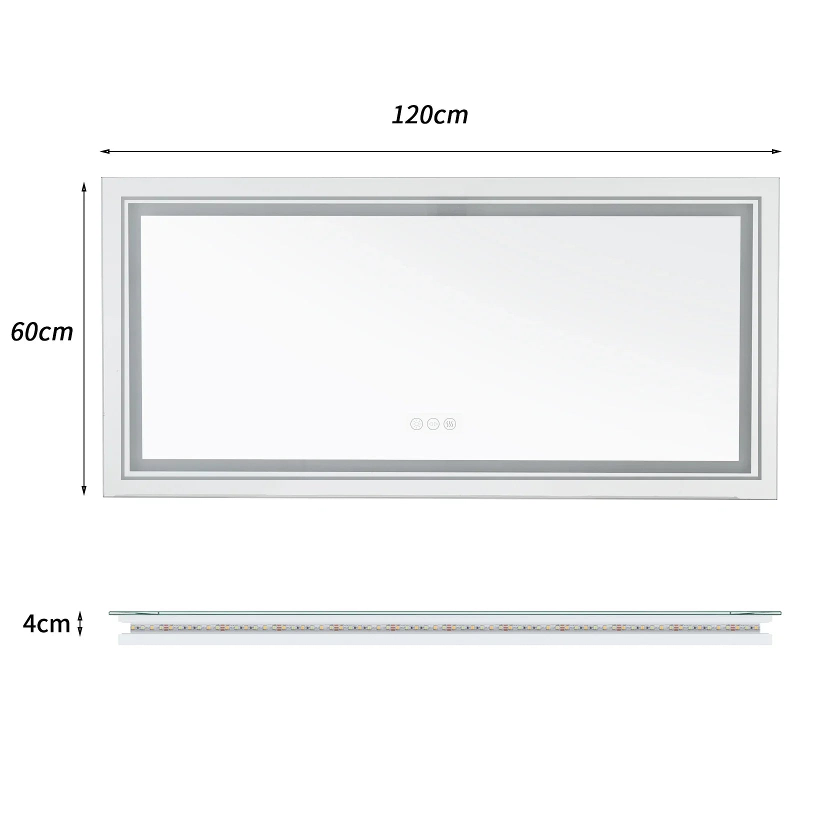A sleek 120cm x 60cm led bathroom mirror with a slim silver frame and integrated top-edge lighting for clear vanity use