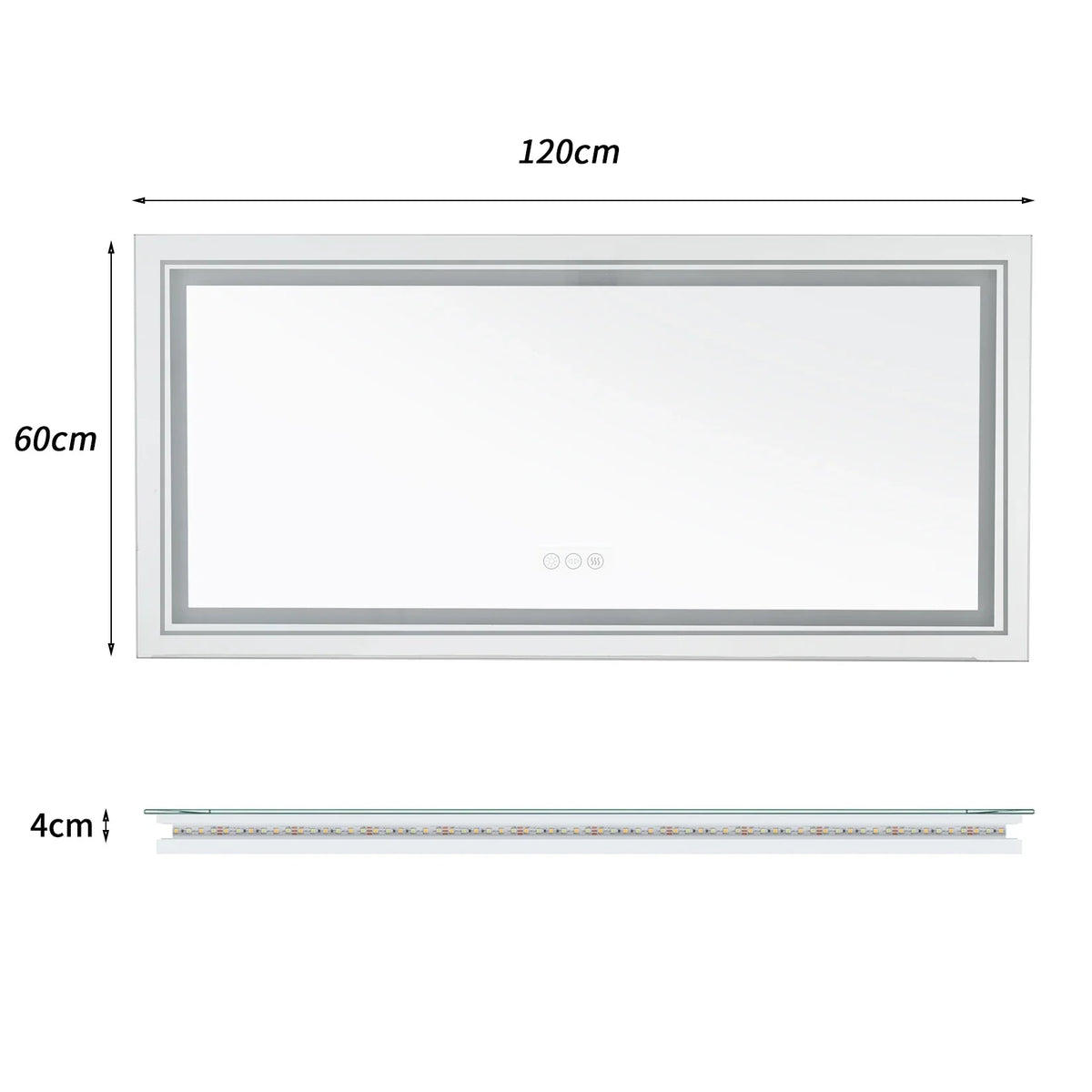 A sleek 120cm x 60cm led bathroom mirror with a slim silver frame and integrated top-edge lighting for clear vanity use