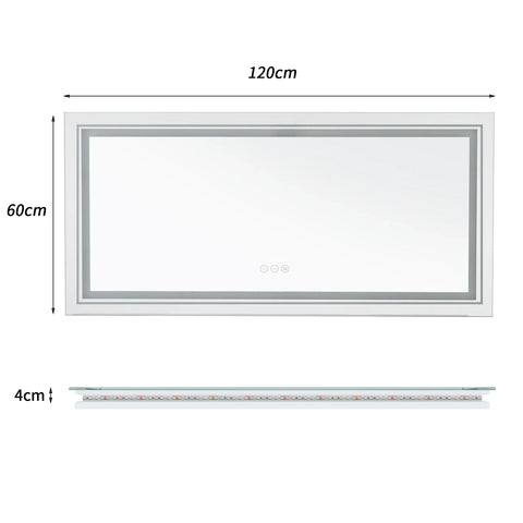 A sleek 120cm x 60cm led bathroom mirror with a slim silver frame and integrated top-edge lighting for clear vanity use