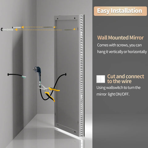 Jumbo-large illuminated led bathroom mirror with metallic frame, front and backlit lights, wall mounted for easy use