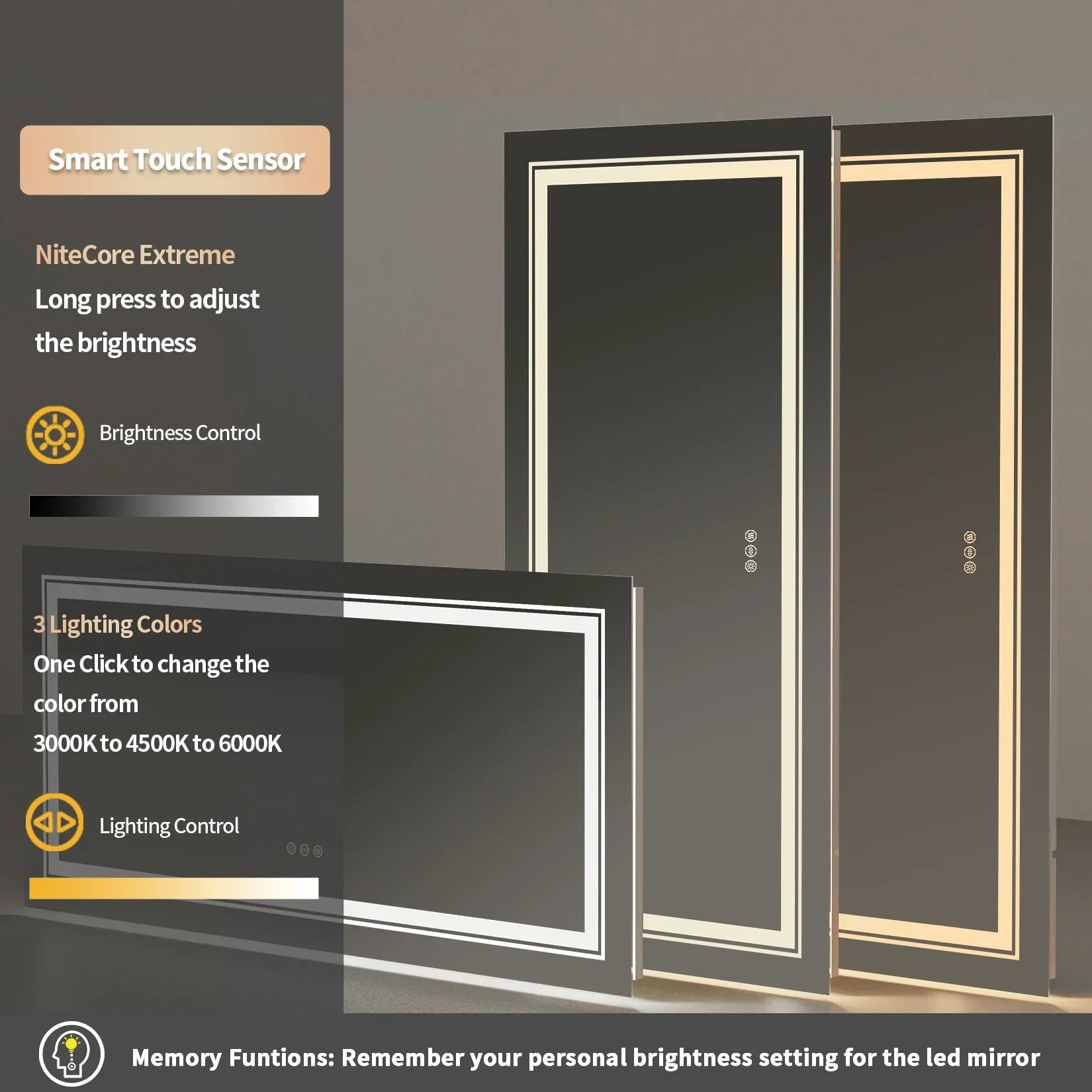 Modern black-framed jumbo-large led bathroom mirror with smart touch sensor and adjustable front and backlit lights