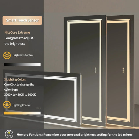 Modern black-framed jumbo-large led bathroom mirror with smart touch sensor and adjustable front and backlit lights