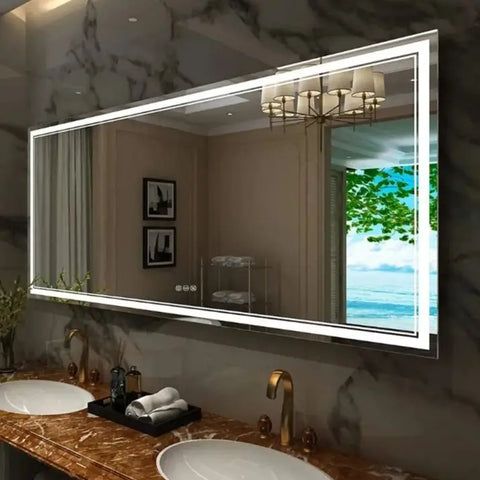Jumbo-large illuminated led bathroom mirror with sleek frame and touch anti-fog front and backlit lights wall mounted