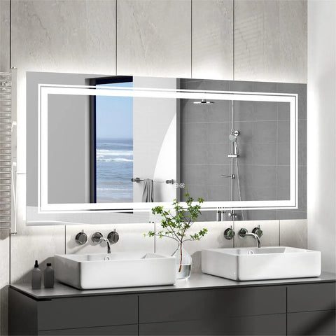 Jumbo-large illuminated led bathroom mirror with sleek white frame and front and backlit touch anti-fog lights
