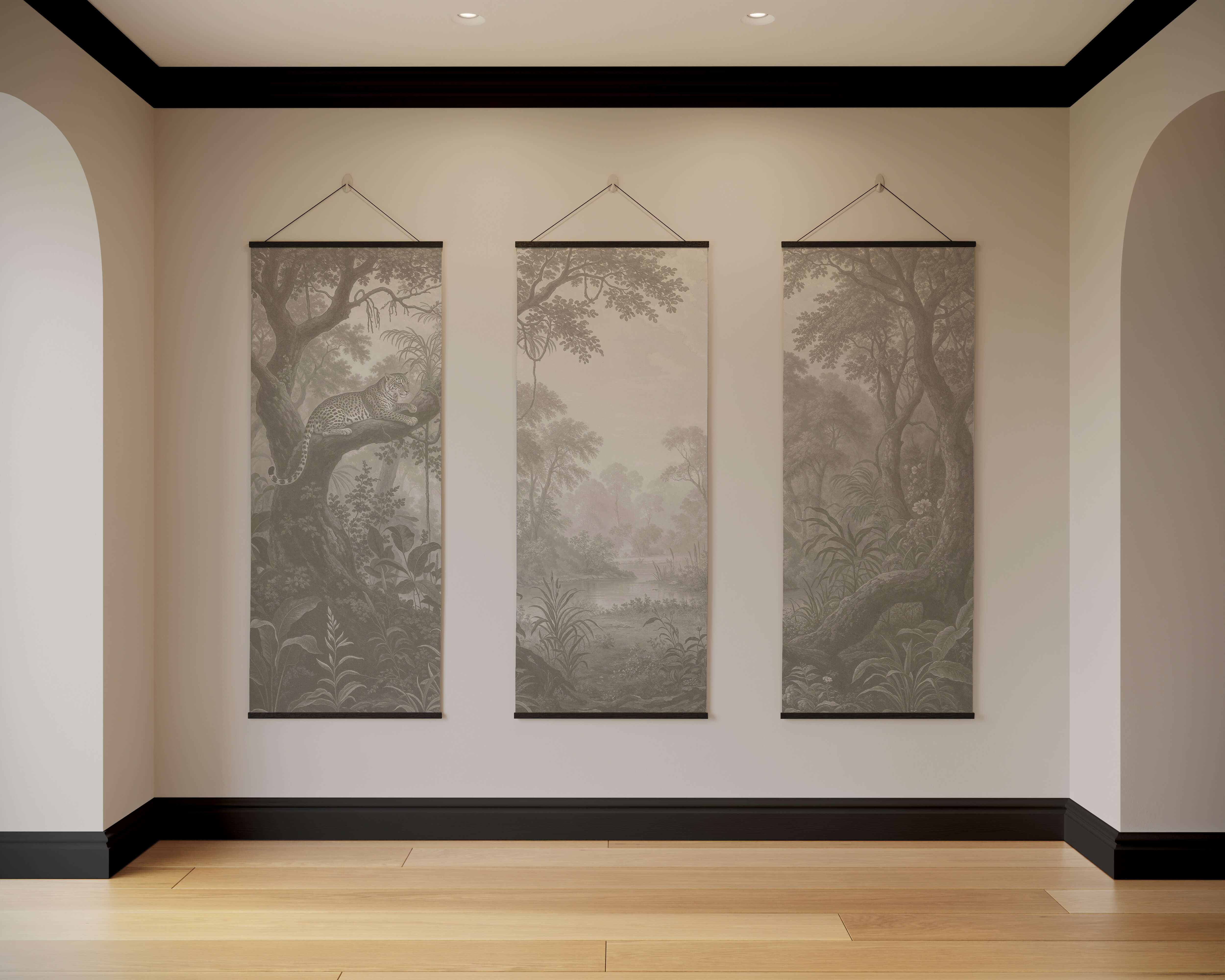 Three hanging jungle leopard tapestries with detailed gray and black botanical illustrations and dark borders