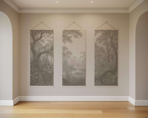 Three hanging jungle leopard tapestries with gray beige foliage and a leaping leopard framed in white perfect for decor