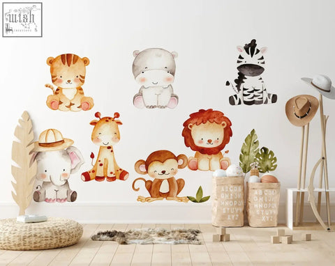Watercolor-style jungle wall decals featuring tiger hippo zebra giraffe lion monkey and elephant in soft earthy tones