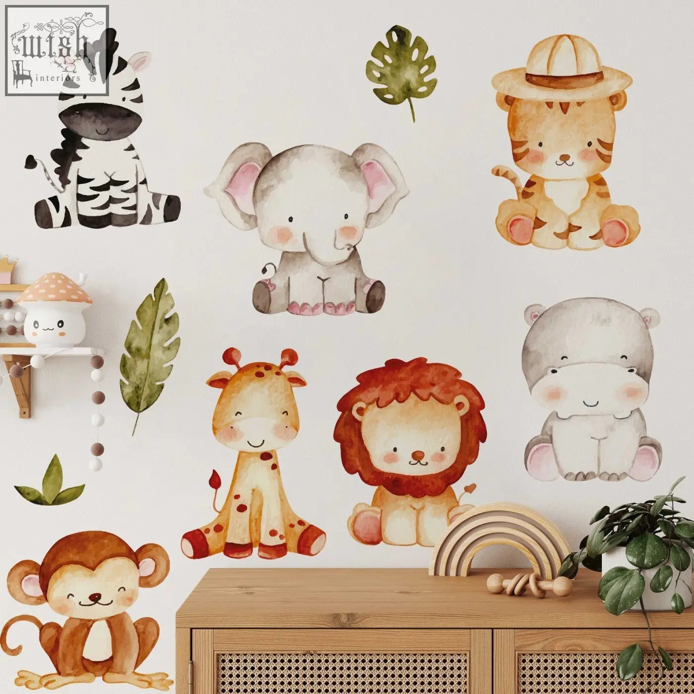 Watercolor-style jungle wall decals featuring pastel safari animals perfect for kids room reusable and removable stickers
