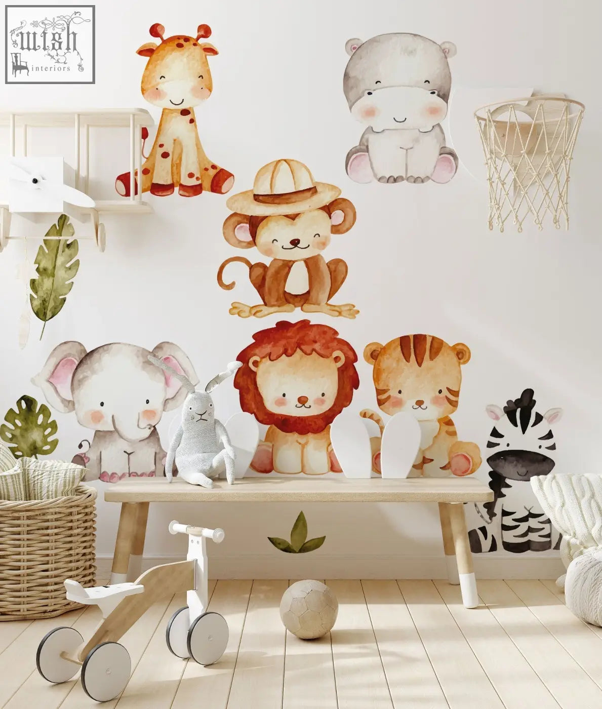 Watercolor style jungle wall decals with giraffe hippo monkey elephant lion tiger and zebra in soft pastel tones for kids room