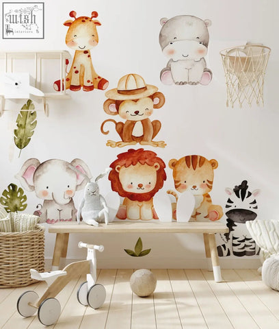 Watercolor style jungle wall decals with giraffe hippo monkey elephant lion tiger and zebra in soft pastel tones for kids room
