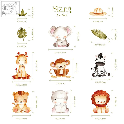 Watercolor style jungle wall decals featuring pastel safari animals perfect for kids room decor and easy removable stickers