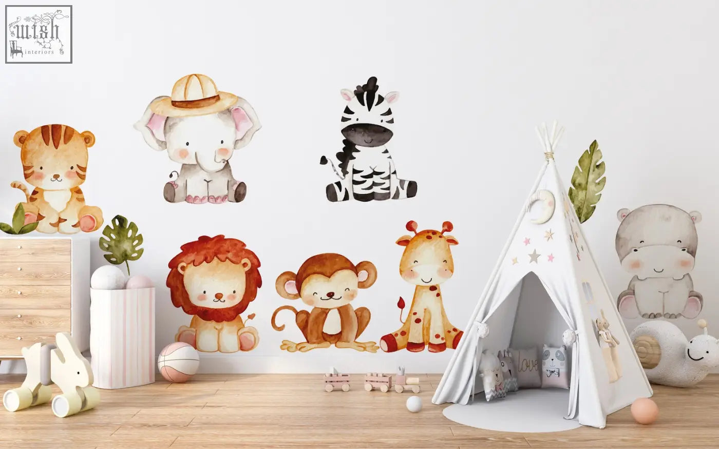 Watercolor style jungle wall decals featuring pastel lion monkey giraffe zebra elephant and tiger for kids room decor