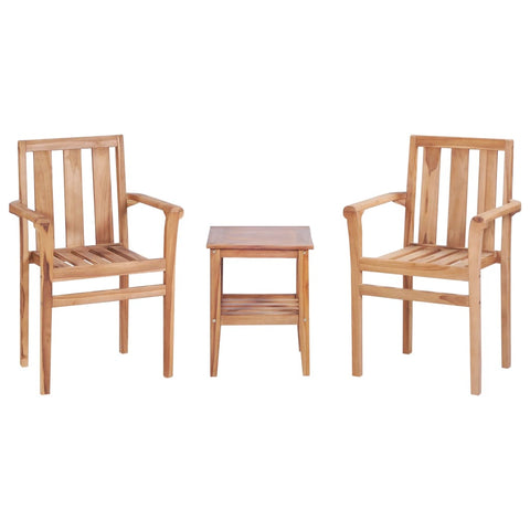 Set of two light teak wood armchairs with slatted seats and backs and a matching bistro set side table with storage space