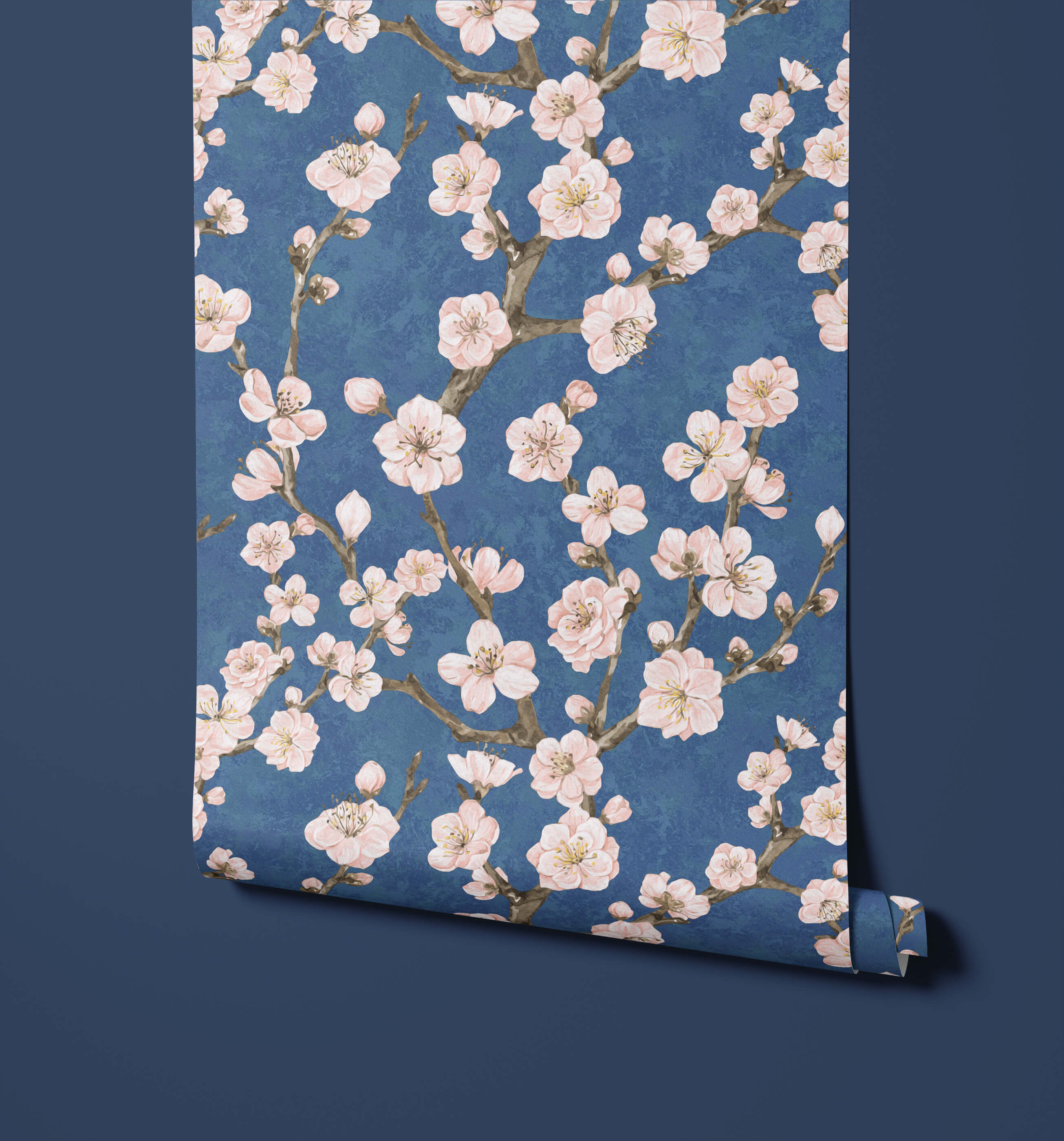 A roll of junta blue wallpaper with a delicate pink cherry blossom and brown branch pattern