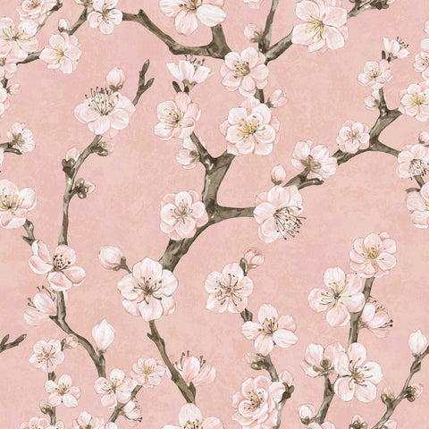 Junta fabric with a pink cherry blossom branch pattern on a soft pink background perfect for clothing or decor