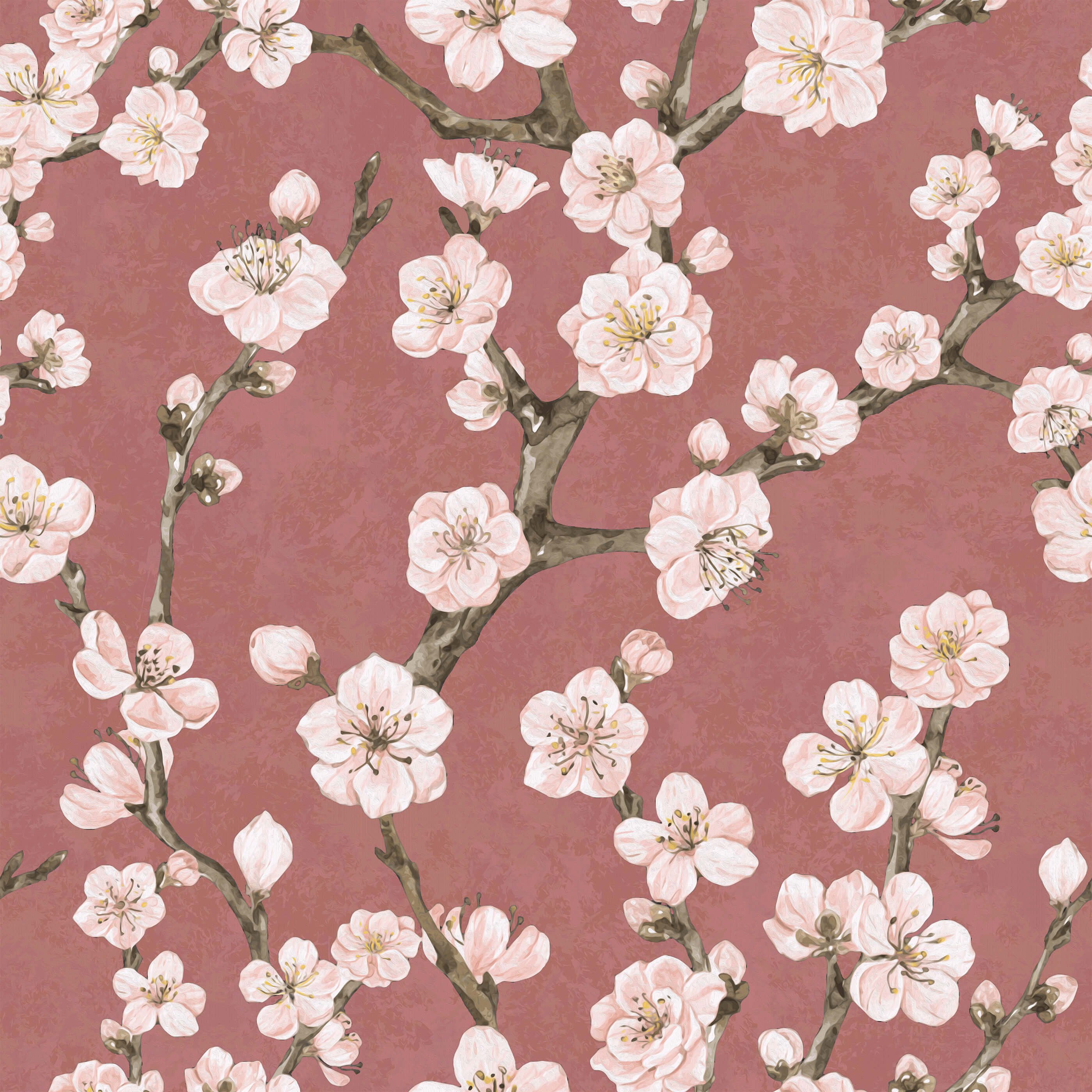 Junta pink cherry blossom branches with delicate petals and dark brown stems on a muted rose background
