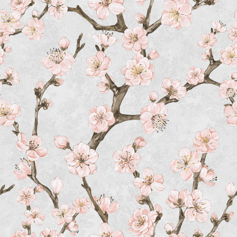 Junta pink cherry blossom branches with delicate petals and dark brown stems in soft watercolor on gray background
