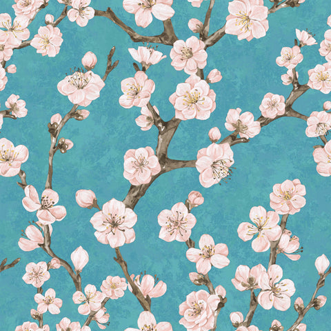 Junta pink cherry blossoms with delicate petals on dark brown branches against a textured teal background