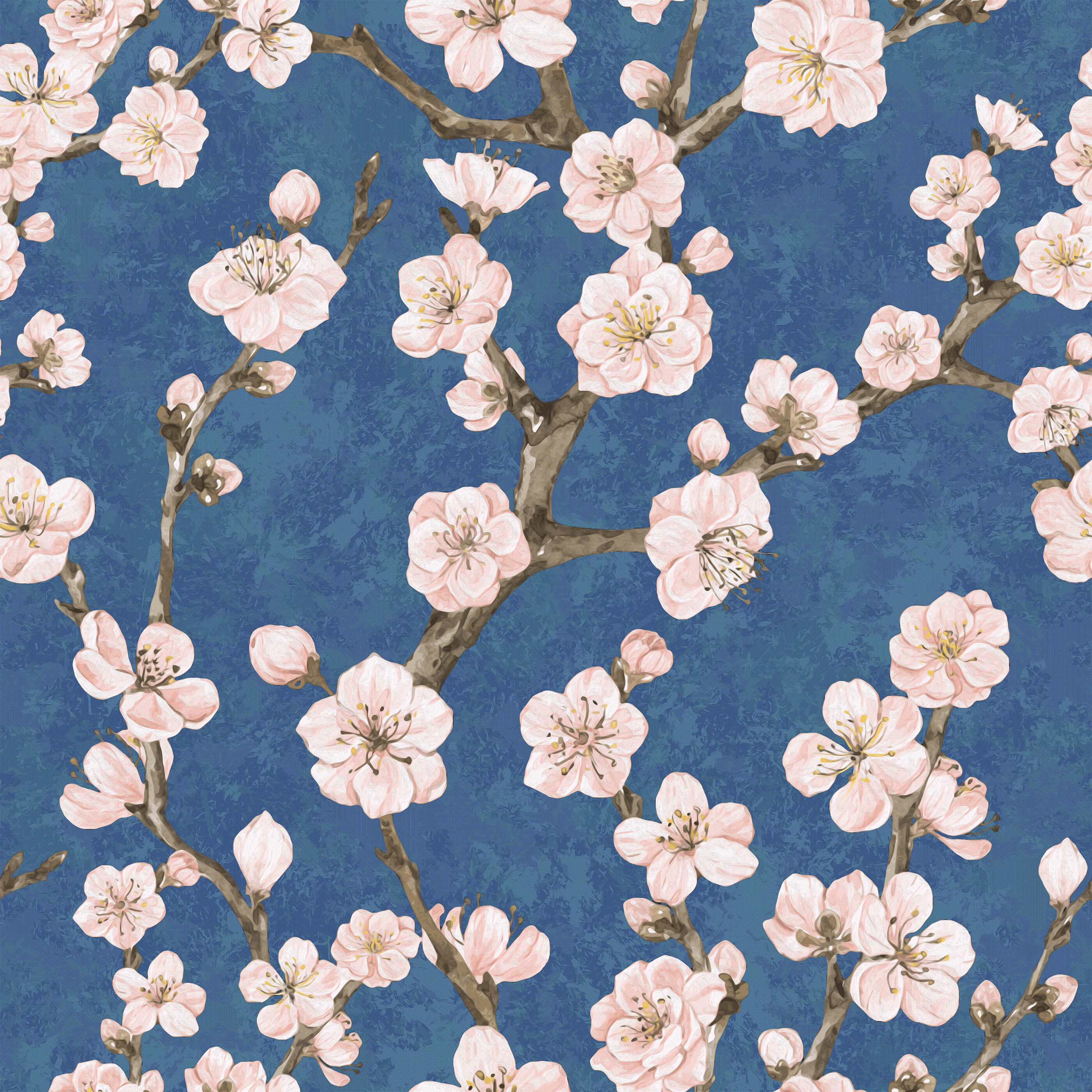 Pink cherry blossoms with delicate petals on brown branches bloom against a textured blue background junta design