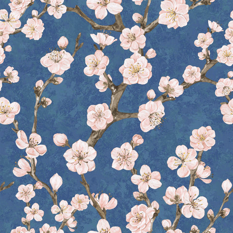 Pink cherry blossoms with delicate petals on brown branches bloom against a textured blue background junta design