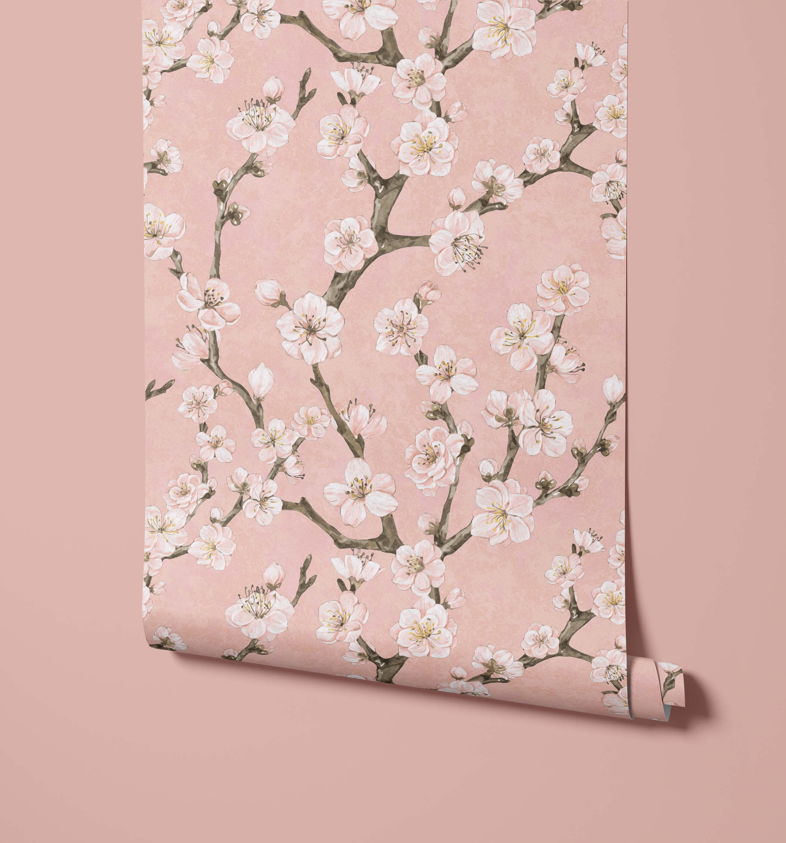 Junta pink floral wallpaper with delicate white blossoms and dark brown branches on a soft pink background