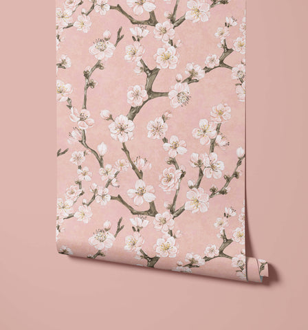 Junta pink floral wallpaper with delicate white blossoms and dark brown branches on a soft pink background
