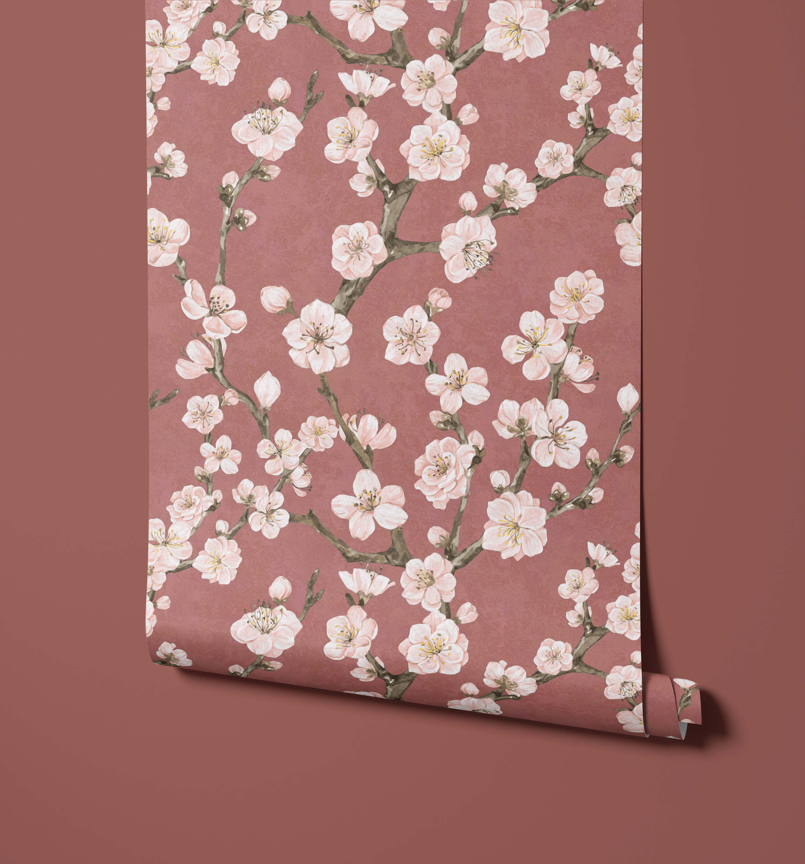 A roll of junta dusty rose wallpaper with pink cherry blossoms and dark green branches pattern