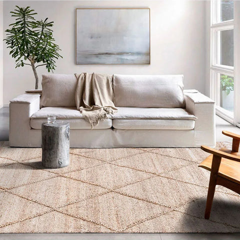 Beige jute junya rug with geometric diamond pattern perfect for adding texture and style to any room