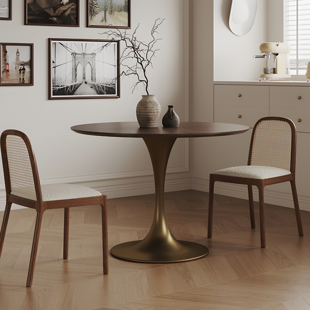 Bronze-finished pedestal justina small round dining table with dark wood top perfect for small round dining spaces