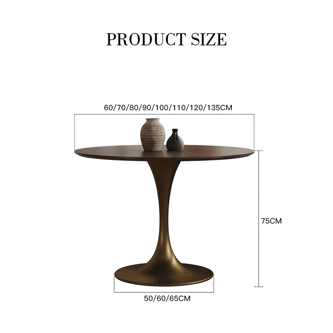 Justina small round dining table in walnut finish with solid wood sleek tapered pedestal base perfect for small round dining