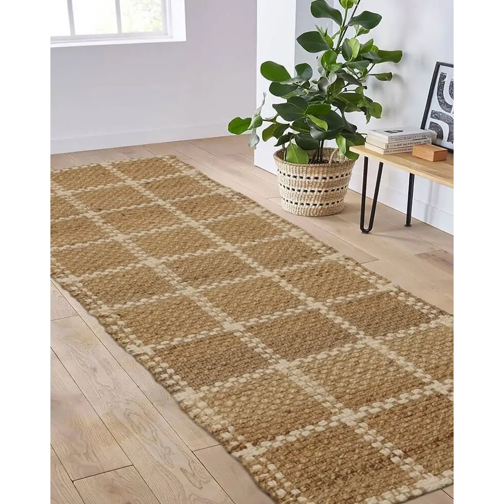 Jute Check Natural Rug Striped & Geometric Handwoven - Rugs