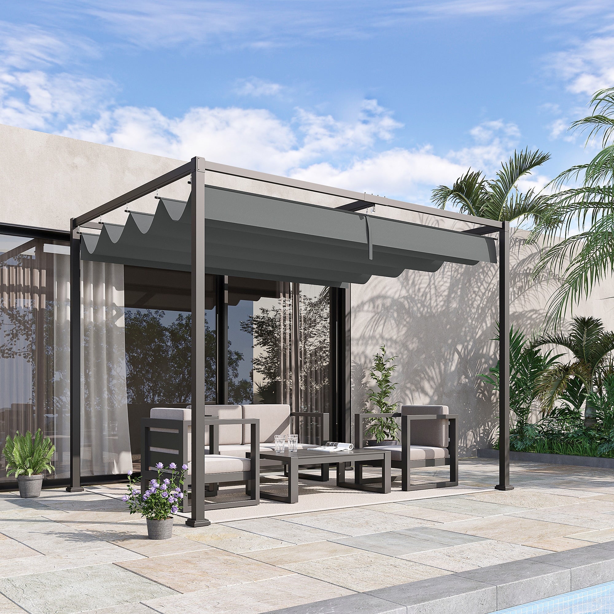 Outsunny 3 x 2m Metal Outdoor Pergola with Retractable Roof, Outdoor Gazebo Canopy Shelter with Drainage Holes for Garden, Patio, Lawn, Grey