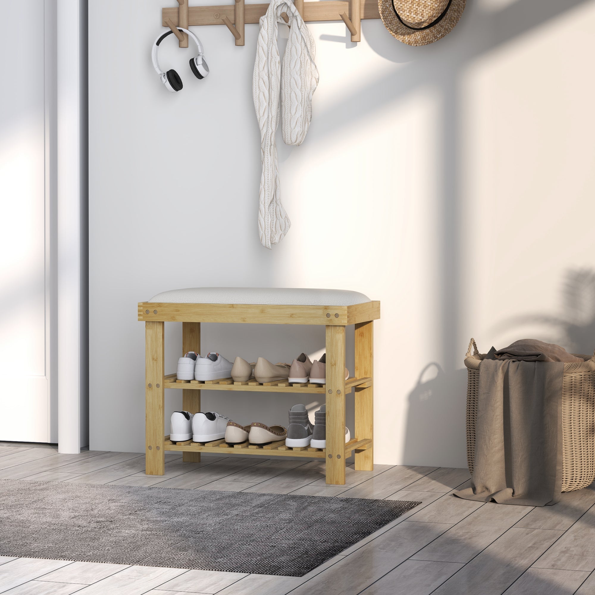 HOMCOM Bamboo Shoe Storage Bench, 3-Tier Shoe Bench with Seat Cushion, Shoe Rack for Entryway, Hallway, Living Room, Bedroom, Cream White