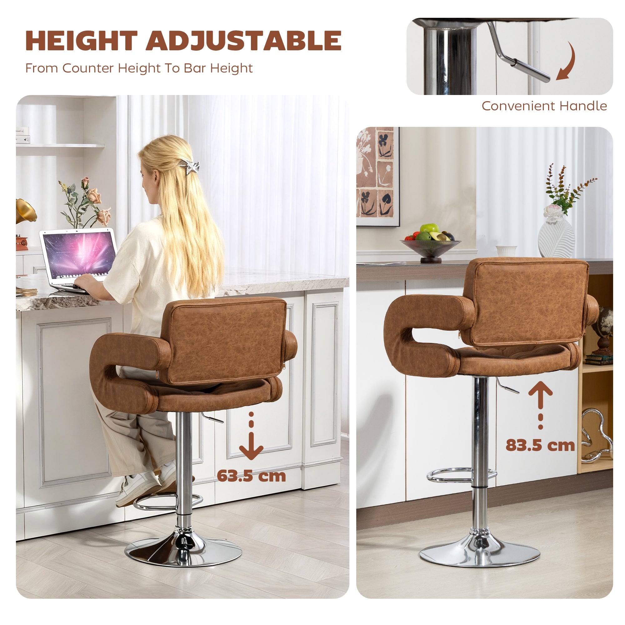 HOMCOM PU Leather Upholstered Swivel Bar Stool, Height Adjustable with Back, Armrest, Footrest, Brown