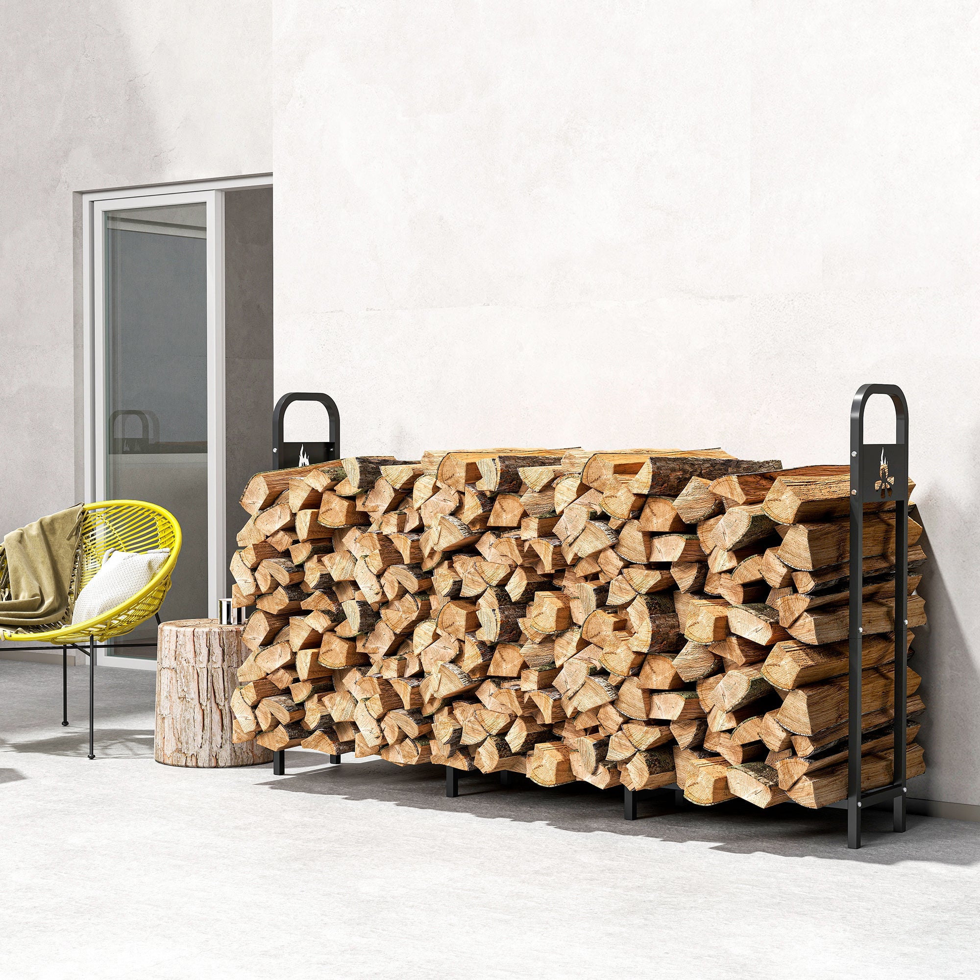 Outsunny 6.5 FT Steel Firewood Log Rack with 300 kg Capacity, Heavy Duty Indoor Outdoor Fireplace Wood Storage Shelf, Log Holder/Stand with Extra Support Legs, Decorative Bonfire Pattern, Black