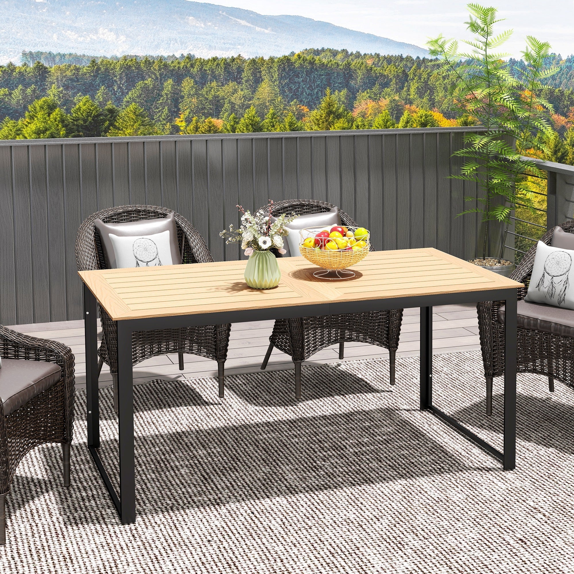 Outsunny Garden Table for 6 People, 160 x 80 x 75 cm Rectangle Outdoor Dining Table with Slatted Table Top, Metal Frame, for Balcony, Deck, Teak